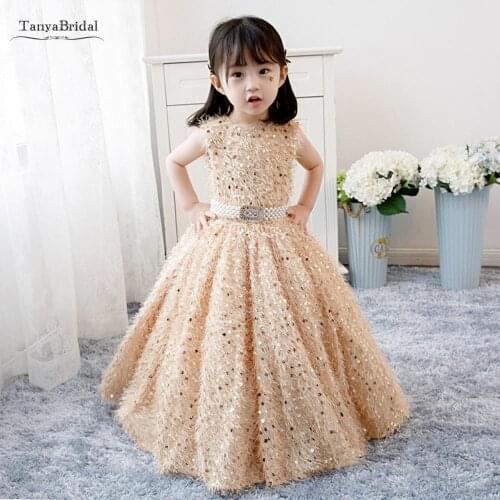 Cute Ball Gown Flower Girls Dresses for Party and Wedding Champagne Gold Bling Sequins Long Formal Gowns for Baby Girl XF044