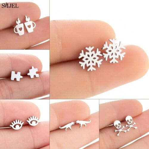 Fashion Small Snowflake Stud Earring for Women Minimalist Puzzle Ligher Eye Skull Bone Earings Stainless Steel Christmas Jewelry