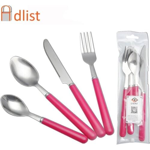 4pcs Dinnerware Set Stainless Steel Cutlery Dinner Spoon Knife Fork Teaspoon Plastic Handle Western Wedding Tableware Party Set