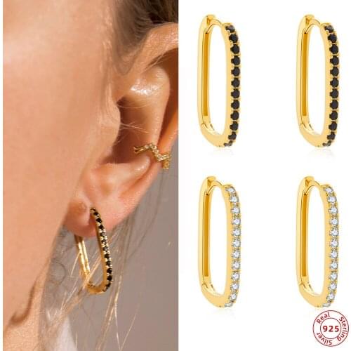 New Trendy 925 Sterling Silver Square Geometric Rectangle Hoops with Clear and Black CZ Zircon Earrings Minimalist Fine Jewelry