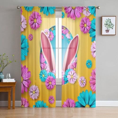 Easter Colored Flower Rabbit Ears Tulle Sheer Window Curtains for Living Room Kitchen Children Bedroom Voile Hanging Curtain