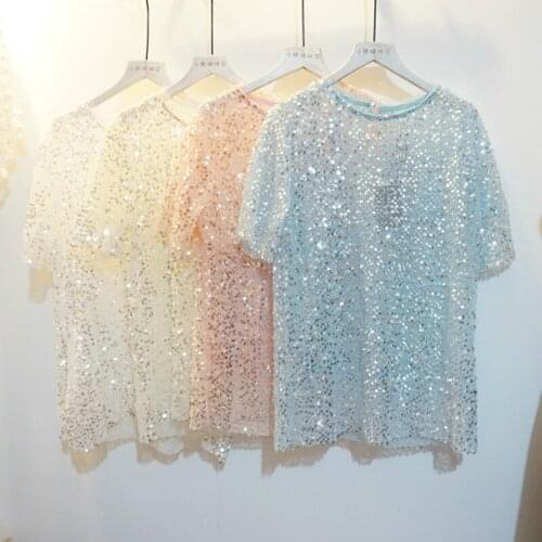 Chic Gauze Sequin Mesh Tees O-Neck Mesh Beading Loose T-shirts Thin Transparent Shirts Short-sleeved Crop Tops Blusas Mujer