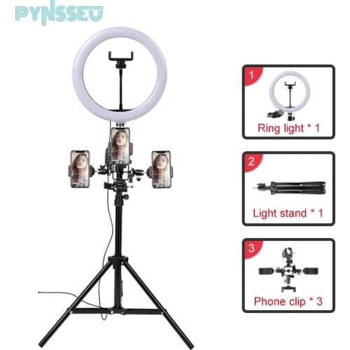 PYNSSEU Dimmable 10" Muti-funcation LED Ring Light with Tripod for Photography Video live Makeup Lamp with Camera Phone holder
