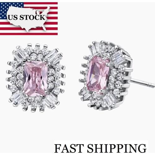 USA STOCK Uloveido Fashion Luxury Jewelry Zircon Silver Stud Earrings with Stone Pink Crystal Large Women New Year Gifts R831