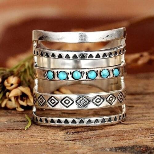 Vintage Bohemian Womens 925 Sterling Silver Multilayer Hollow Turquoise Ring Band Exquisite Engagement Wedding Rings