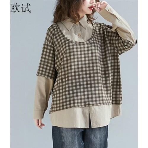 Plus Size Plaid Women Blouse Shirts Fake Two Pieces Vinatge Ladies Cotton Linen Long Sleeve Womens Tops and Blouses woman 2020