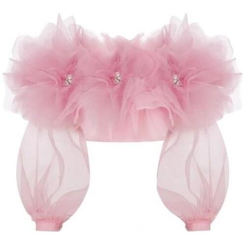 Sweet Pink Short Tulle Top Girls Long Lantern Sleeves Floral Crystal Blouse Women See Through Tops Blusas Ropa Mujer