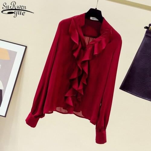 Solid Womens Chiffon Shirt New Long Sleeve Retro Korean Clothes Ruffles V-neck Latern Sleeve Womens Shirts Blusas Mujer 11144