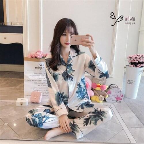 Pajama womens ice silk suit long sleeve cardigan fat size two piece suit Korean version can wear home clothes for women