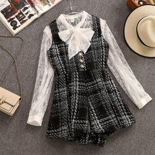 Sweet A-line Tweed Plaid Short Vest Romper 2019 Autumn Winter Women Bow Collar Lace Shirt Top + Tank Pearl Button Mini Jumpsuit