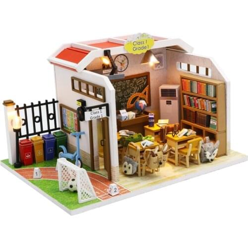 Class M907 Wooden Doll House Classroom Toys Diy Dollhouse Furnitures Music Kids Furniture Minature Doll Houses Kit Poppenhuis