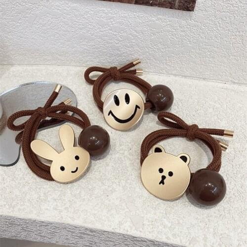Cute Bear Rabbit High Elastic Rubber Band Hair Band Womans Girl Ties Ponytail Hair Rope Smiley Metal Hair Ring Hair Accessories