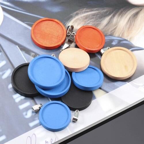 Lacoogh 8Pcs Blue Beige Orange Black Fit 25/30mm Round Wood Cabochon Base Blank Wooden Pendant Trays DIY Jewelry Making Necklace