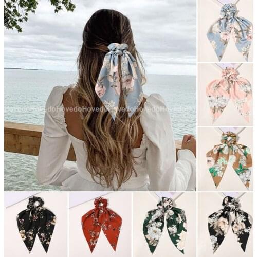 Fashion Floral Print Scrunchies Long Hair Ribbon for Women Ponytail Scarf Sweet Elastic Hair Band Hair Accessories New Headwear