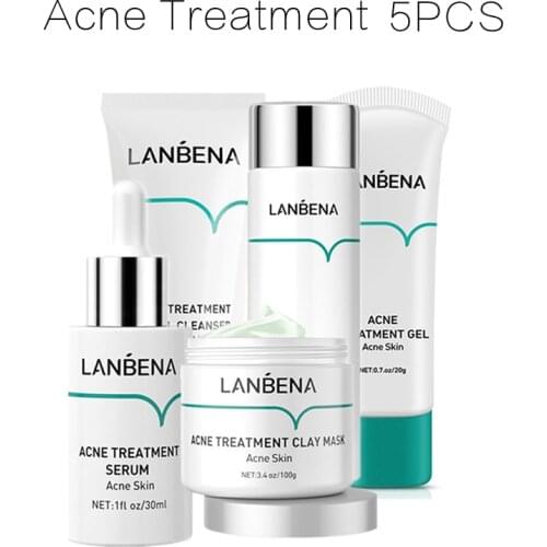 7PCS LANBENA Acne Set Repair Damaged Skin Facial Cleaner Toner Acne Shrink Serum Face Gel Mud Mask Oligopeptide Removal Kits