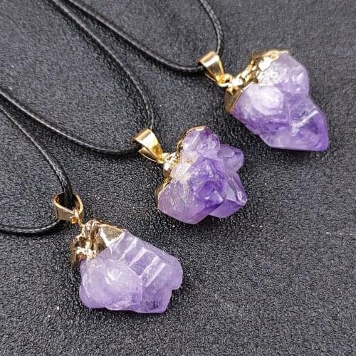 Amethyst Crystal Necklace Raw Purple Druzy Druse Stone Pendant Charms Necklace for Women Men Black Rope Chain Wholesale
