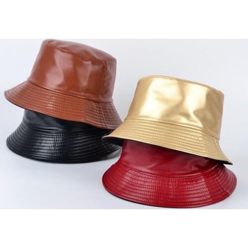 PU Bucket Hat For Women and Men Leather Fishing Cap Soild Foldable Hiking Hat Hip-Hop Street Waterproof Panama Hats