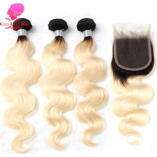 QUEEN 1B 613 Blonde Ombre Color 4x4 Free/Middle Part Lace Closure with 3/4 Bundles Brazilian Body Wave Remy Human Hair Weave