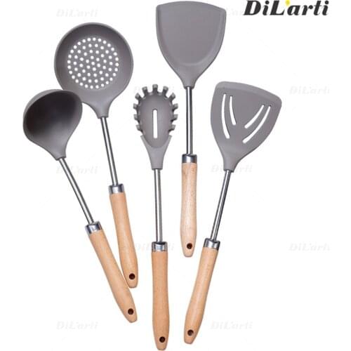 Silicone kitchenware set heat-resistant cooking tools beech wood spatula with wooden handle silicone kitchenware tools