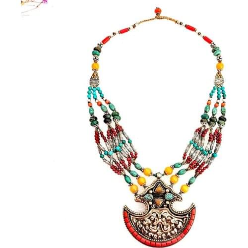 TNL184 Master Design Nepal Indian brass inlaid Stone coral pendant necklace Multi Statements Big Pendants BOHO Necklace