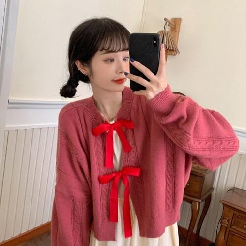 Japanese Knitting Cardigan Autumn Sweet Mori Girl Bandage Bow Full Sleeve Sweaters Wear On Both Sides Twist Solid Loose Sweater