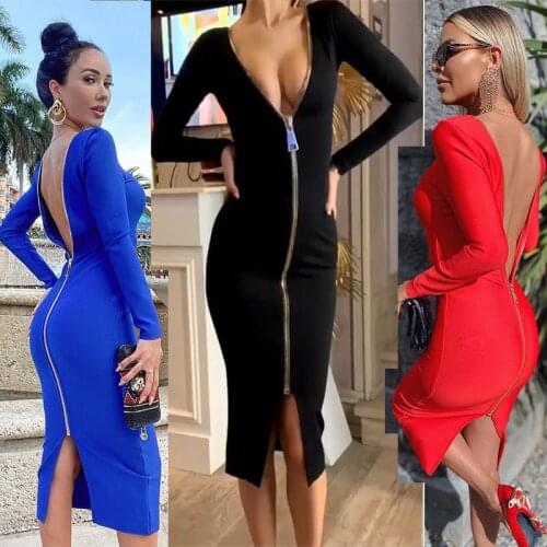 Free shipping high quality black red and blue sexy tight long sleeve rayon bandage high street evening party dress