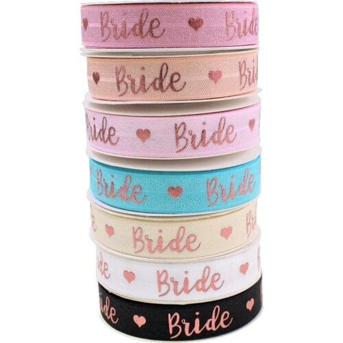 100yards 5/8"16mm Rose Gold foil Bride hearts FOE fold over elastic ribbon for wedding Valentine design welcome custom printed