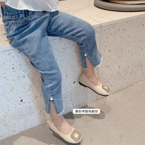 Girls Pearl Jeans 2021 Spring Autumn New Style Bell-bottom Pants Childrens Baby Casual Pants Split Trousers Pants