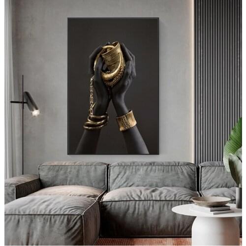 And Prints African Art Pictures Home Wall Decor Black Womans Hand With Gold Jewelry Canvas Paintings On The Wall Art Posters