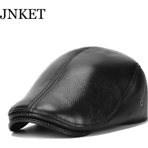 JNKET New Real Cow Leather Mens Flat Cap Earflaps Hat Duckbill Cap Winter Windproof Peaked Cap