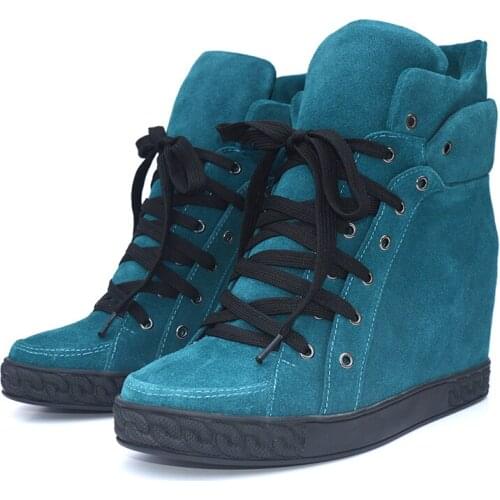 Sneaker High Heel Winter Women Booties Lace Up Wedges Hidden Heel Shoes Suede Solid Manufacturer Genuinen Leather Heel 8 cm