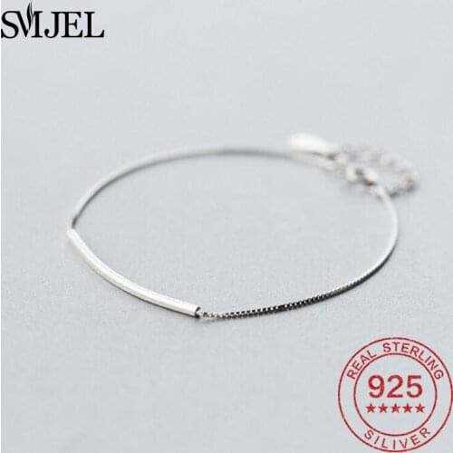 Fashion 100% 925 Sterling Silver Curved Long Bar Charm Bracelet for Women Girls Silver Link Chain Square Bracelet Jewelry Gifts