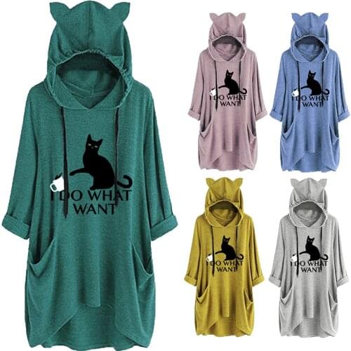 Fashion Womens Dresses Ear Hat Mid-length Blouse Mid-sleeve Cute Printed Hooded Loose Top Dress 2021 Oversize vestido midi