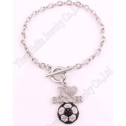 Fashoin rhodium plated with sparkling crystals I LOVE SOCCER charm bracelet