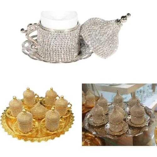 Set of 6 Swarovski Turkish Coffee Cups Set And Stone Teapot Set Copper Made in Turkey Arabic Coffee Set Handmade Coffee Set