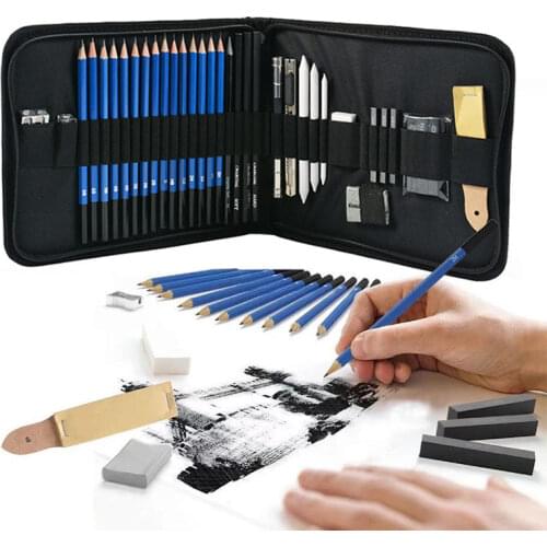 35Pcs Sketching Drawing Pencils Carbon Charcoal Graphite Stick Rod Graphing Art Kit Zipper Case For Beginner Professional Artist