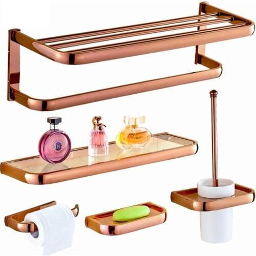 Luxury Rose Gold Bathroom Accessories Sets Brass Wall Mounted Toilet Brush Paper Towel Bars Glass Shelf Bath Hardware Set