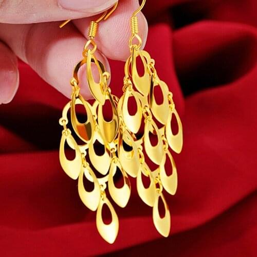 Newest Peacock Feather Tail Dangle Earrings 18K Yellow Gold Filled Bohemian Drop Earring for Womens