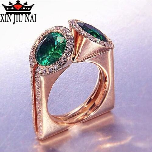 2019 New Rose Gold Elegant Female Court Ring Green CZ Embedded High Quality Rhinestone Charm Technological Ring Top Jewelry