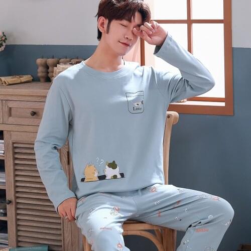 2020 Autumn Winter Pajamas For Men Pure Cotton Loose Sleepwear Home Costumes Male Casual Homewear Long Sleeve Pajama Pants Set