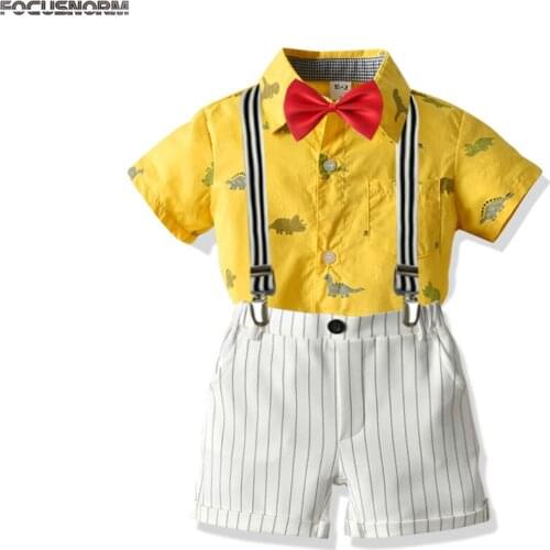 1-7Y Summer Infant Baby Boys Clothes Set 3PCS Bow Tie Animal Print Short Sleeve Single Breasted Romper Bib Overalls Shorts