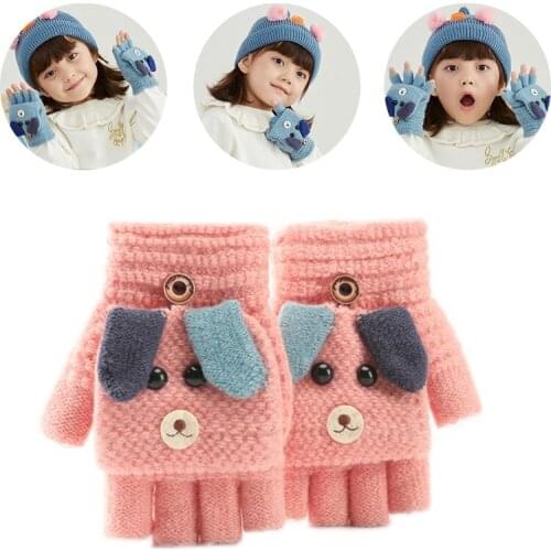 Children Kids Winter Warm Convertible Flip Top Gloves Cartoon Puppy Dog Knitted Plush Lined Flap Cover Fingerless Mittens for 6