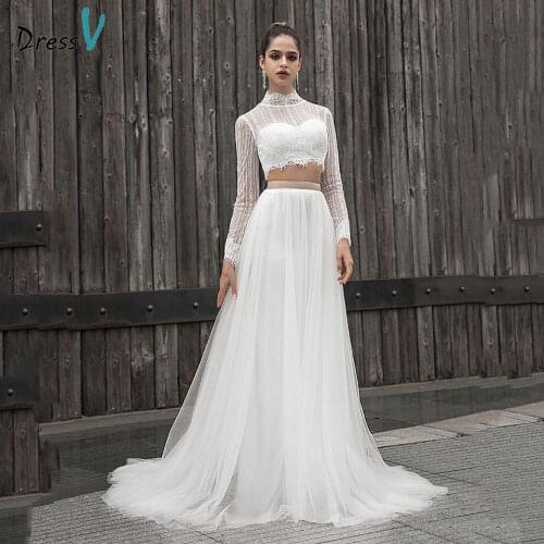 Dressv high neck a line wedding dress two pieces long sleeves lace sashes button outdoor&church wedding dresses custom