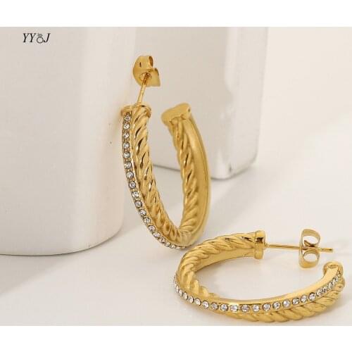 Zircon stone double twist cross hoop earrings for women stainless steel gold C rope earrings minimalist dainty free tarnish 2021