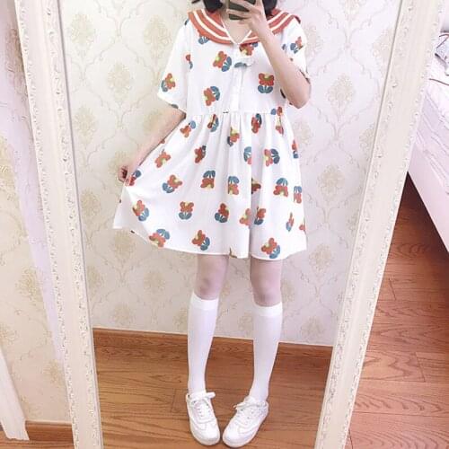 Japanese kawaii girl sweet college style navy collar sweet lolita dress cute printing victorian dress gothic lolita op loli cos