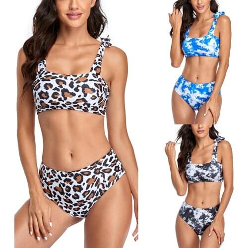 Womens Sexy Tie Dye Leopard Printing Bikini, Sleeveless Tank Tops Briefs Swimsuit, Classic Bare Midriff Two-pieces Set
