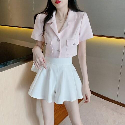 2021 Summer Korean Womens Wear 2 Piece Set Playful Small Suit Shorts Set Notched Single Breasted Crop Top Skirt Pants Suits