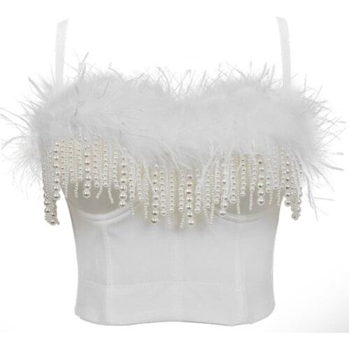 Nightclub Feather Beading Crop Tank Top With Built In Bra Push Up Bralette Women Spaghetti Strap Tops Summer 2021 Camis Clothing