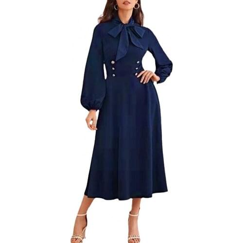 2021 New Autumn Blue Elegant Women Vintage Long Dress Hepburn Style Long Sleeve Button Bow Tie Medieval Retro Dress Vestidos