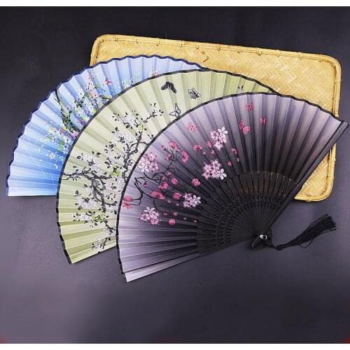1Pc Antique Folding Silk Fan Portable Chinese Style Printed Bamboo Handle Pocket Hand Fan